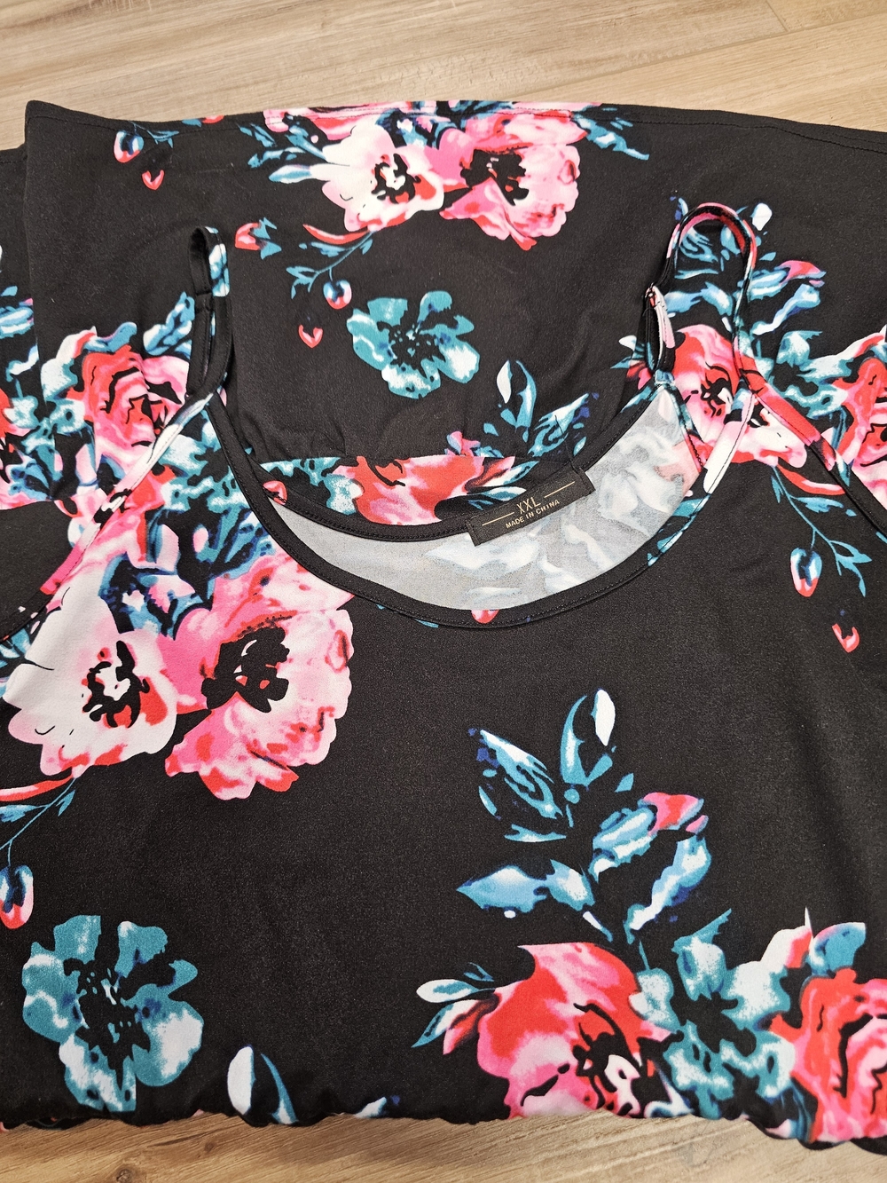 Floral Tiered Cami Dress - Black with Pink & Teal Roses - Picture 2 of 2